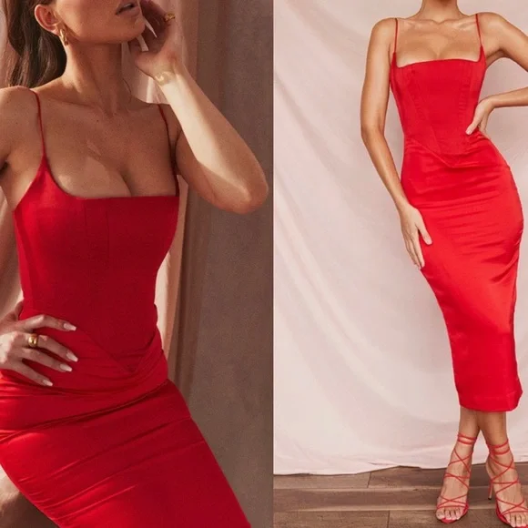 HOUSE OF CB 'Anais' Red Satin Pointed Corset Midi Dress - Picture 5 of 10
